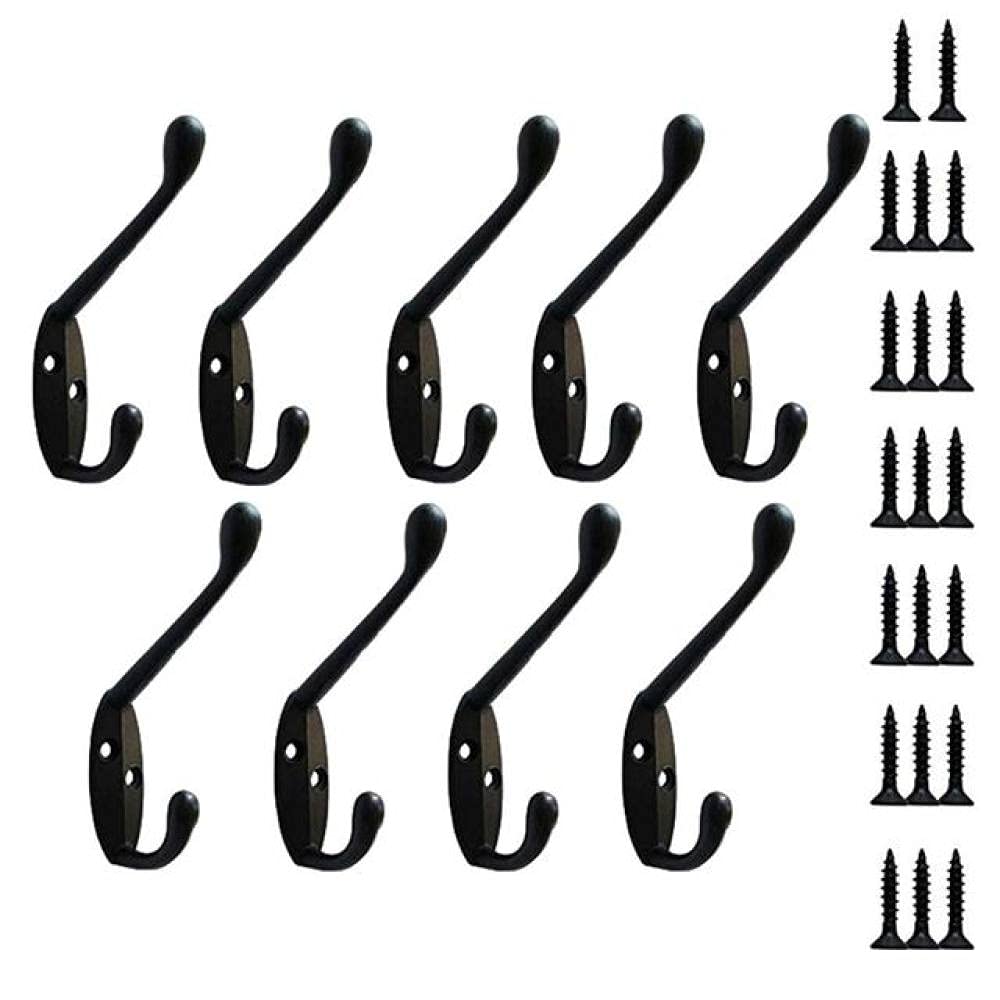 Ganci appendiabiti da parete, confezione da 9 ganci appendiabiti da parete resistente per hardware per cappelli, appendiabiti retrò a doppia punta con 20 viti (nero/oro), nero