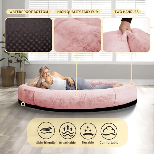 FURRYFECTION Hundebett für Menschen, 180x114x35,6cm großes Hundebett in Menschengröße für Erwachsene und Haustiere, waschbarer Kunstfellbezug, riesiges Nickerchenbett mit Decke und Kissen