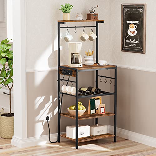 HOOBRO Bakers Rack with Power Outlet, Free Standing Kitchen Shelves, 4-Tier Microwave Stand, Kitchen Storage Unit with Adjustable Wine Rack, for Dinning Room, Living Room, Rustic Brown EBF60KHB01G1 - Image 5