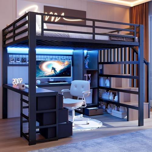YCYDHDM Cama alta de metal 140 x 200 cm con escritorio y cajones, litera con escalera de almacenamiento y compartimento, diseño de valla de seguridad, cama para niños y adolescentes, color negro