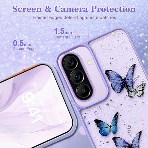 Image of VONZEE for Samsung Galaxy A37 Clear Glitter Butterfly Case, Cute Bling Sparkle Shiny Soft Silicone TPU Bumper Shockproof Women Girls Slim Protective Phone Cover for Samsung Galaxy A37, Purple