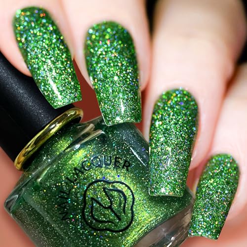 NovaCharm Glitter Green Nail Color, Sparkly Holographic Shimmer Quick Dry Formula, Long Lasting Bright Holiday Shade for Women Girls, 10ML