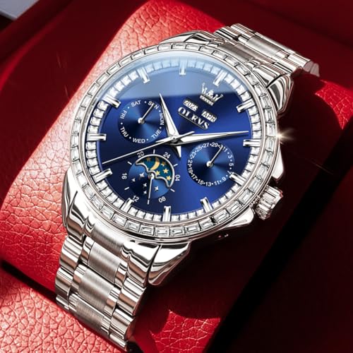 Image of OPK Men Analog Automatic Watches Waterproof Multifunction Chronograph Diamond Moon Phase Luminous Stainless Steel Band Wrist Watches