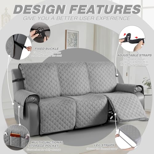 Image of TAOCOCO 100% Waterproof Recliner Covers, Recliner Sofa Covers with Leg Straps, Reversible Recliner Couch Cover for Reclining Chair, Washable Couch Protector for Pets Kids(3 Seater, Light Gray)