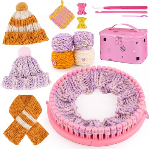 PREBOX Knitting Loom Craft Kit for Kids & Beginners - Create Hat & Scraf with Yarn, Hook Needle, Birthday Gifts Ideas for Teens Girls Age 6-8 8-12 14+, Pink Loom