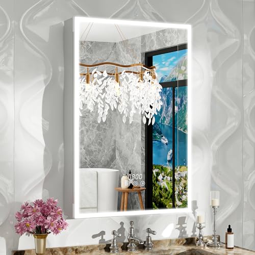 Medicine Cabinet With Lights, 2030 Inch Surface or Recessed Bathroom Mirror, Clock & Room Temp Display, Defogger, LED Dimmable 3 Color Lights, Left Hinge