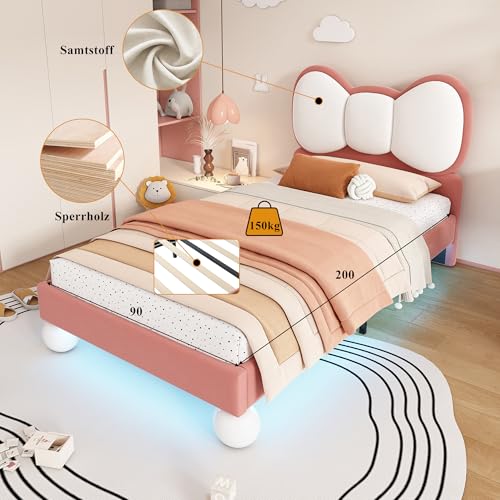 Kinderbett Polsterbett 90x200, Einzelbett Mädchenbett mit LED-Lichtleiste&Fliegeformiges-Kopfteil, Bett Jugendbett Bettgestell Funktionsbett Bettrahmen mit Lattenroste, Samt, Ohne Matratze, Beige+Rosa – Bild 5
