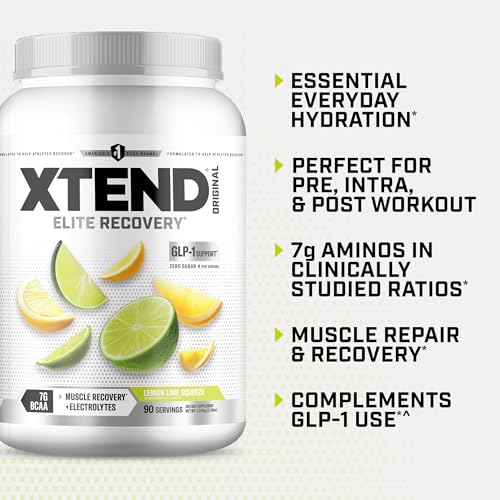 Image of Xtend Original BCAA Powder, 7g BCAAs and 2.5g L-Glutamine for Muscle Recovery Hydration and Lean Muscle, Sugar Free Intra and Post Workout Drink with Electrolytes, Lemon Lime Squeeze, 90 Servings