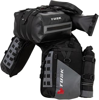 TUSK Highland X2 Rackless Motorcycle Luggage System, 25L Saddle Bags with Small Dry Duffel and Large Bottle Holders, Standard Heat Shield, Black/Grey, Compatible with Honda CRF300L 2021-2024