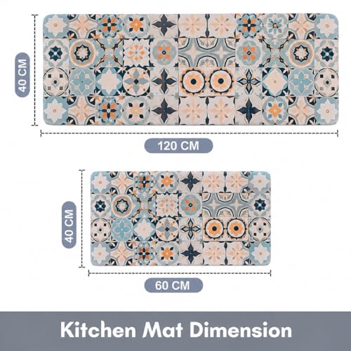 Image of VERVENIX 2 Pcs Kitchen Mat Set - Anti-Slip Waterproof Floor Mats for Kitchen, Sink & Laundry - Soft Cushioned Rugs with Vintage Tile Print Design (120x40 cm + 40x60 cm)