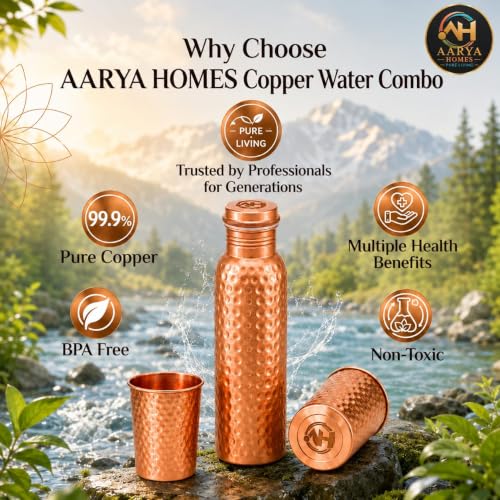 Image of Pure Hammered Copper Water Bottle (950ml) with 2 Copper Glasses (300ml) Combo Set | 99.9% Pure Copper | Gifting Item for Festival, Wedding, Birthday & Corporate Gifting | PURE LIVING.