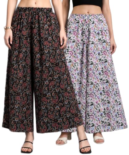 Image of Women Printed Palazzo Pants Combo Pack of 2, Comfortable Elastic Waist Lounge Pants for Women | Relaxed Fit, Loose Fitting Wide Leg Palazzo Pants, Casual Bottom (Available in S to 3XL Size)