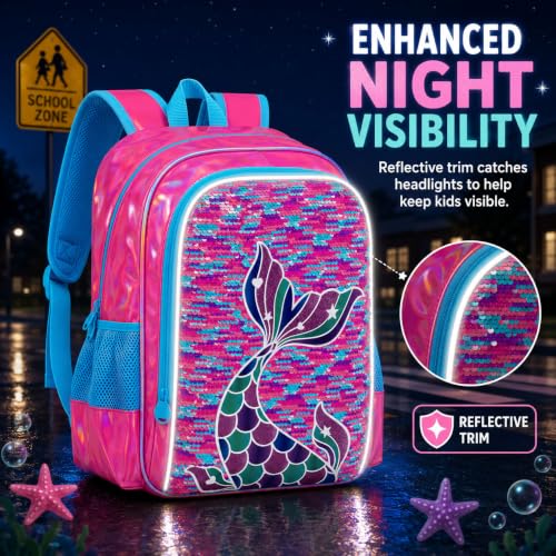Image of 3Pcs Mermaid Girls Backpack, 16 inch Sequin Fish Tail Bookbag Set for Kids, Elementary Preschool Preschool School Backpacks with Lunch Box (Rose)