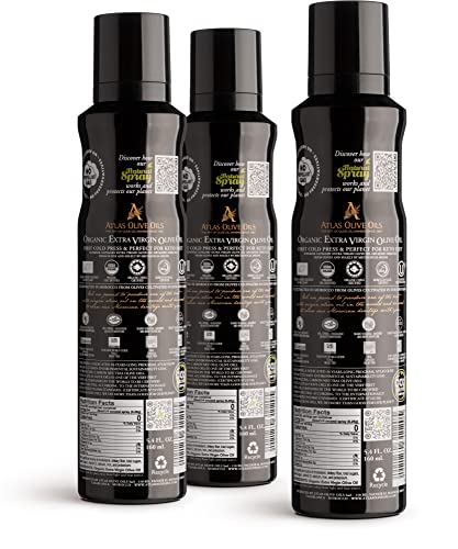 Image of Olive Oil Spray by Atlas, Dual Function Olive Oil Cooking Spray and Stream, 5.4 fl oz, 3 Pack, Extra Virgin, Non Stick, Cold Pressed, Polyphenol Rich, Organic Moroccan EVOO, Hydroxytyrosol, Keto