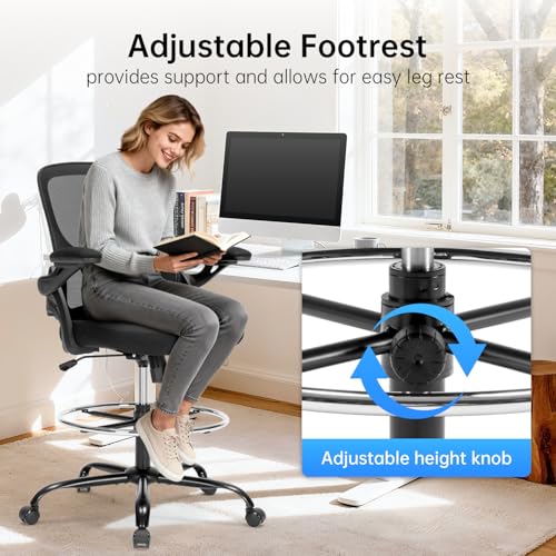 Image of Drafting Chair Ergonomic Comuputer Standing Desk Chair with Flip-Up Arms and Lumbar Support, Tall Office Chair with Adjustable Footrest, Stool Counter Height Office Chairs Black