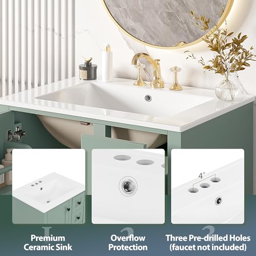 Merax 24" Bathroom Vanity with Integrated Ceramic Sink, Door-Mounted Double-Layer Shelf, Soft-Close Drawers & Cabinet, Black Zinc Handles, Compact Single Vanity for Bathroom, Light Green by Merax - Image 7