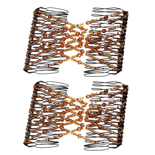 JEYORZY 2 Pinzas Peinetas Elásticas de Pelo Mágicas   Pelo Peine Doble para Cabello, Peinetas Para El Pelo con Decoración de Perlas, Magic Hair Comb, Moda Mágica Peines Dobles para el Cabello, marrón