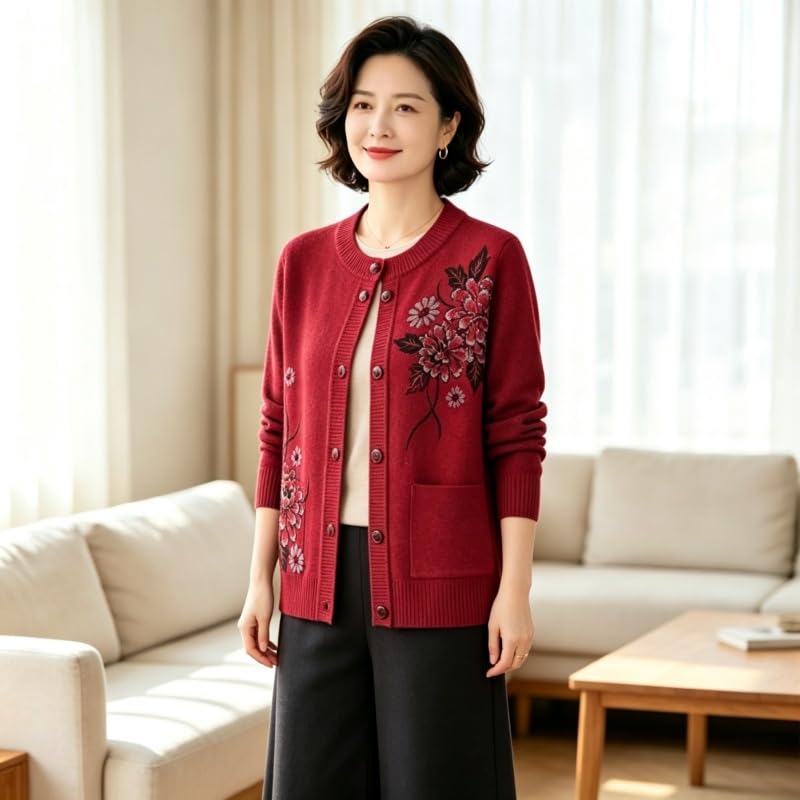 Générique Gilet Cardigan Fleuri pour Femme avec Poches Coupe Ample Fermeture Boutonnée Col Rond Manches Longues Doux et Chaud Idéal pour L'Automne et Le Bureau Au Quotidien.