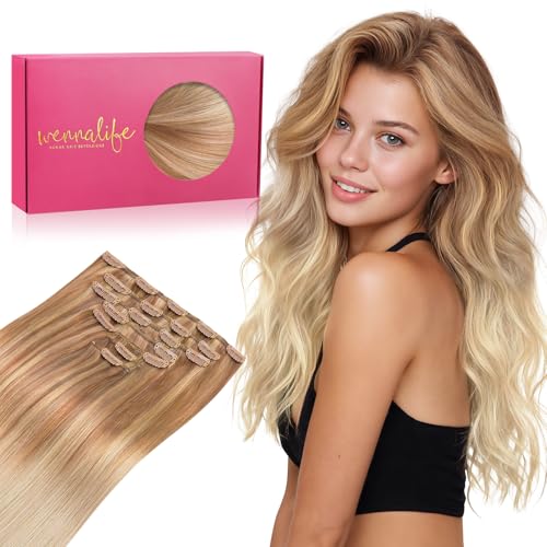 WENNALIFE Clip in Hair Extensions Real Human Hair, 16 Inch g 7pcs Ash Beige Blonde Blend Remy Hair Straight Natural Extensiones De Cabello Humano Con Clip Ins