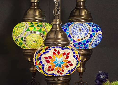 Mozaist 3 Globe Turkish Mosaic Handmade Table Lamp, Moroccan Boho Decor Desk Light, Tiffany Style Vintage Bedside Lampshade, Living Room Decor Colorful Light With Us Plug & E12 Socket (Anatolian Star) #TOP6