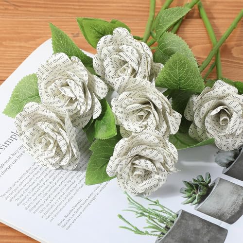 Vivasself 6 Pcs Rose Handmade Paper Flowers Made from English Book Pages Literary Gifts for Mom Book Lovers' Anniversaries Birthdays Weddings Various Party Gift (Beige)