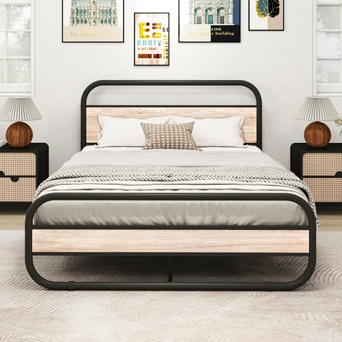 Moderna base de cama King de 5 pies con cabecero y almacenamiento debajo de la cama, base de colchón de listones de acero, diseño ovalado, acabado de arce
