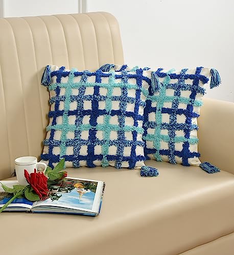 Image of TIB Premium Boho Decorative Throw Cushion Covers, 16 x 16 cm, Set of 2, Cotton. (Blue Net)