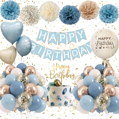 Dusty Blue Birthday Decorations Birthday Decoration for Women Girls Party Decorations with Happy Birthday Banner Pom Poms Baby Blue Foil Balloons for Baby Shower Boys Men