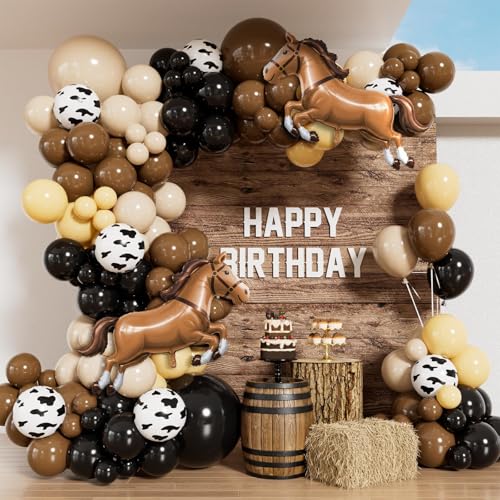 Western Cowboy Balloon Arch Kit with Black Dark Brown Sand White Nude Cow Print Cowboy Balloons for Wild West My First Rodeo Baby Shower Birthady Party Decorations