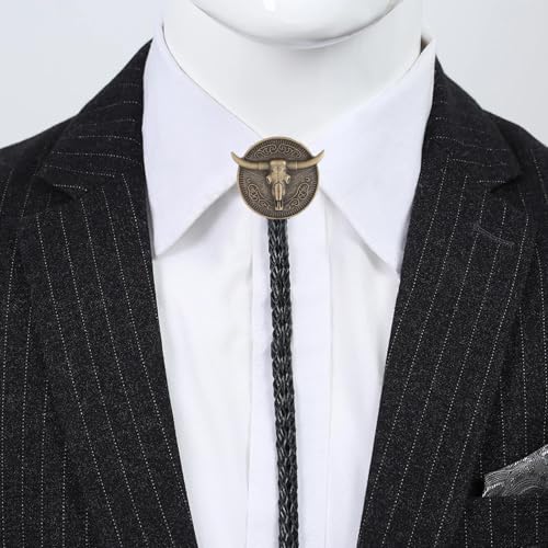 Image of GelConnie Longhorn Bull Bolo Tie for Men Native American Western Cowboy Leather Necktie Bolo Necklace for Women Gold Texas
