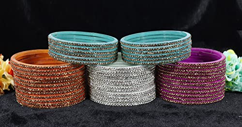 Image of NMII Glass with Zircon Gemstone and Beads Studdded Glossy Finished Traditional Bangle Set For Women and Girls