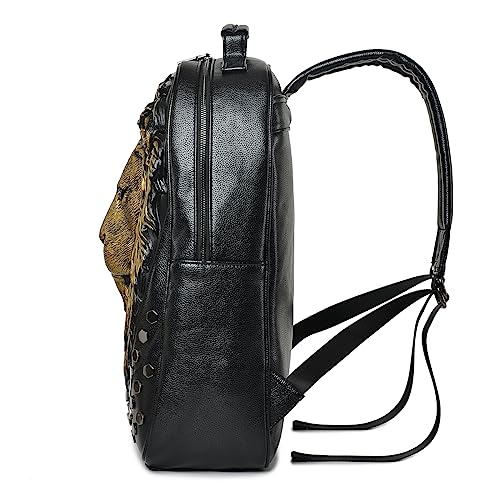 3D Lion Leather Laptop Backpack Unique Designer Fashion Travel Rivet Punk Backpack (Black G)3