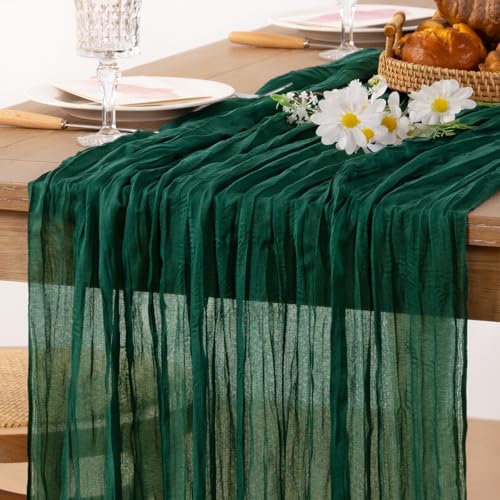 Image of MLMC 2 Pack Emerald Green Table Runner Boho Dark Green Cheesecloth Table Runner 10ft Sheer Gauze Cheese Cloth Decorations for Wedding Bridal Shower Home Party Decor