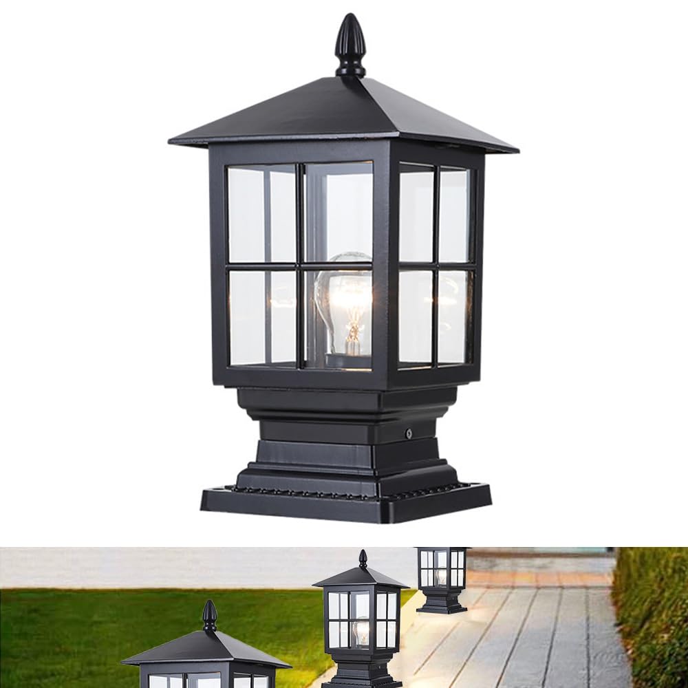 Exterior Luz de Poste de Jardín Pilar de Luz Impermeable IP65 Pedestal Impermeable Pantalla Vidrio Lámpara de Columna Lámpara de Pilar E27 Farolas Faros de Columna para Jardín, Patio (Negro)