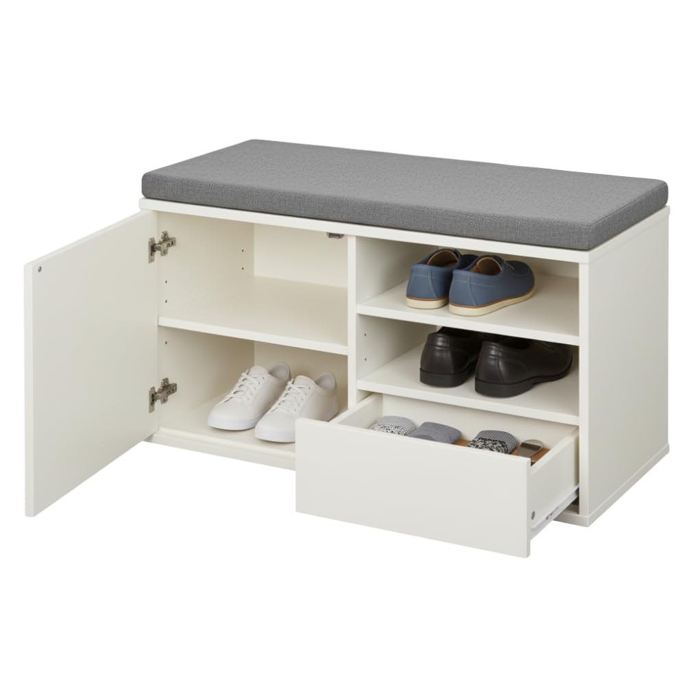 MAKA Scarpiera Panca Ingresso con Seduta, Portascarpe con Cuscino Imbottito L80xP35xA46, Capacità Seduta 200 Kg, Scarpiera con Scomparti a Scaffale, Legno Resistente (Bianco)