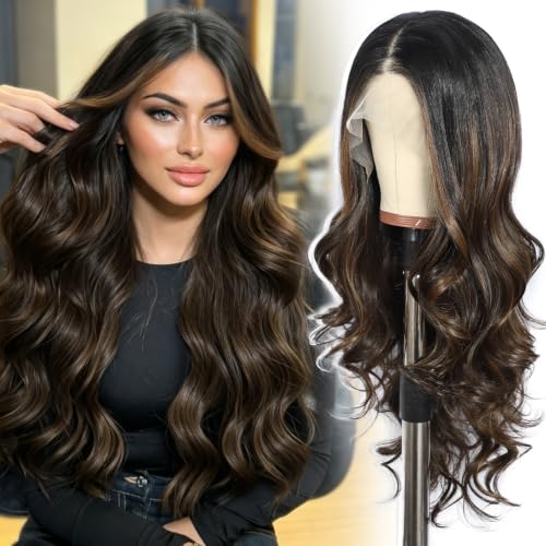 SOMIARIK Chocolate Brown Long Wavy Lace Front Wig 13x4 Synthetic Lace Front Wig for Women Pre plucked Bleached Knots With Baby Hair Heat Resistant Fiber Hair Highlight Wigs Party Daily 26 Inches