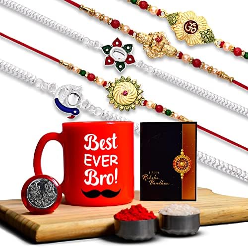 Image of DeoDap Rakhi Combo Multicolor Rakhi /Bracelet (K5 NC6 TMR) with Mug, Rakhi Rituals Combo,tea mug,bracelets for men stylish,raksha bandhan gifts,coffee mug set,brother sister gifts