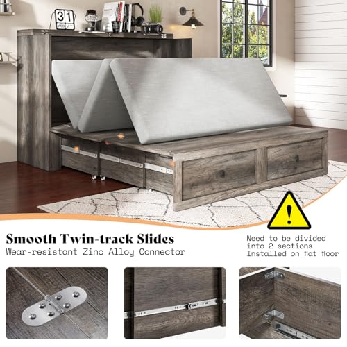 Image of AMERLIFE Queen Murphy Bed with Storage & Charging Station, Farmhouse Murphy Cabinet with Foldable Panel, Noisy Free, for Living Room, Guest Bedroom, Office, Rustic Grey
