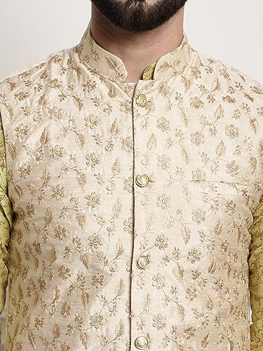 Image of SOJANYA (Since 1958 Men's Cotton Linen Maroon Kurta and White Pyjama with Mustard Cotton Nehru Jacket
