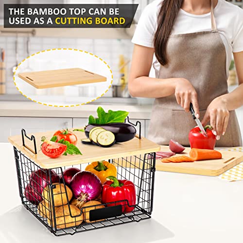 Autodeco Stackable Kitchen Counter Basket With Bamboo Top Lid And Towel - Metal Countertop Organizer - Rectangular Wire Basket For Fruit Vegetable (Onion Potato) Bread Coffee Pods Storage #TOP4