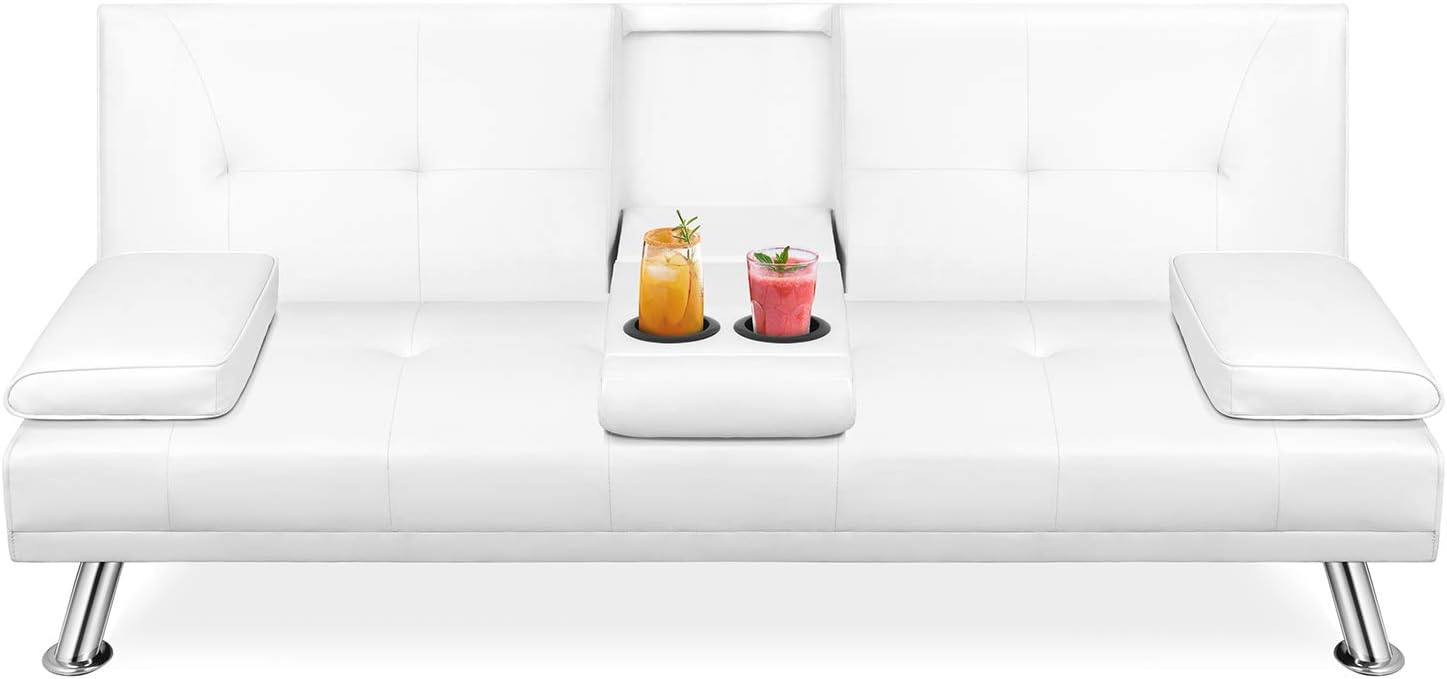 Walsunny Modern Faux Leather Couch, Convertible Futon Sofa Bed for Living Room with Armrest & Fold Up & Down Recliner Couch with Cup Holders (White)