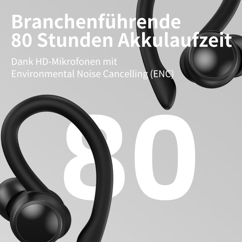 OOQE FIT PRO earbuds highlighting 80 hours battery life