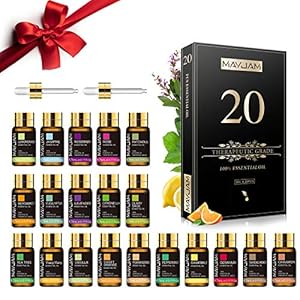 MAYJAM Coffret Huiles Essentielles 20pcs, Coffret Cadeau D’Huile Essentielle Pour Diffuseur, Humidificateur – Lavande Jasmin Eucalyptus Vanille Santal Orange Douce Rose Bergamote Et Plus