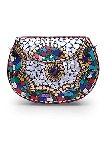 Image of Shakuntala Vintage Clutch - Metal Mosaic Stone & Shell Design Purse - Handmade Women's Handbag