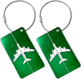 Kit c/ 2 Tags de Mala de Viagem com Alça de Aço, Identificador de Bagagem de Avião, Etiqueta de Identificação de Bagagem (Verde)