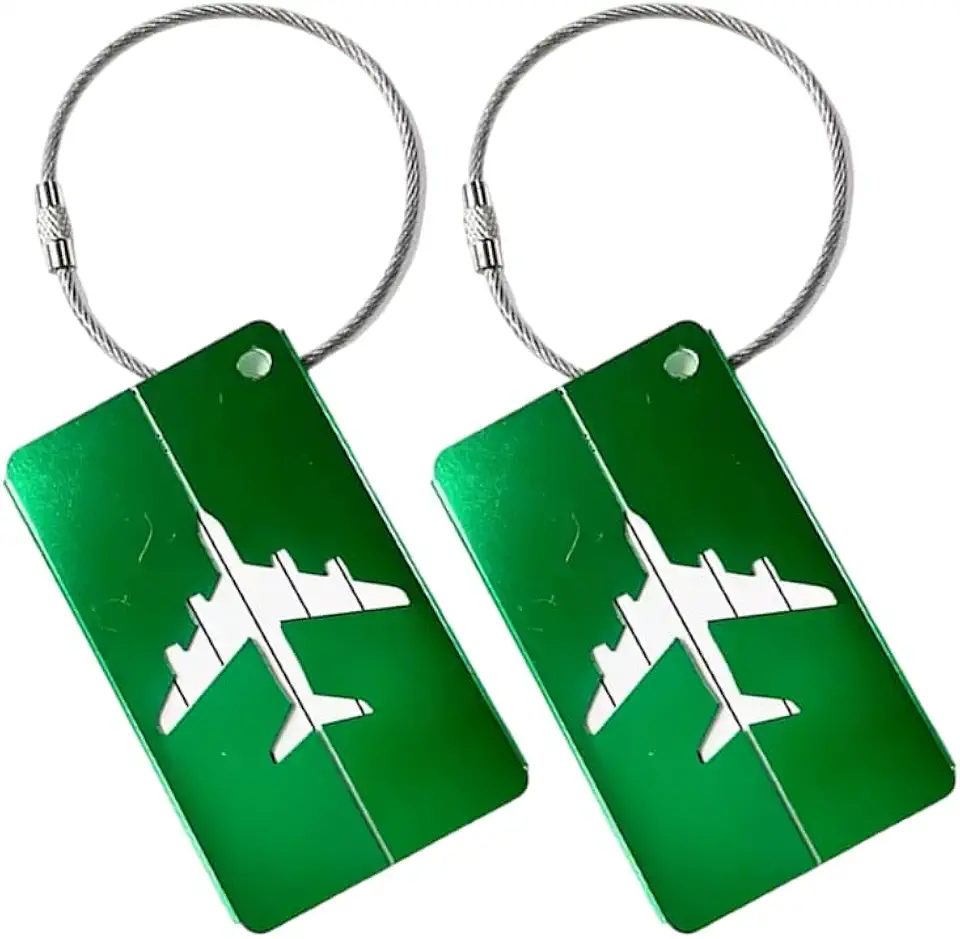 Kit c/ 2 Tags de Mala de Viagem com Alça de Aço, Identificador de Bagagem de Avião, Etiqueta de Identificação de Bagagem (Verde)
