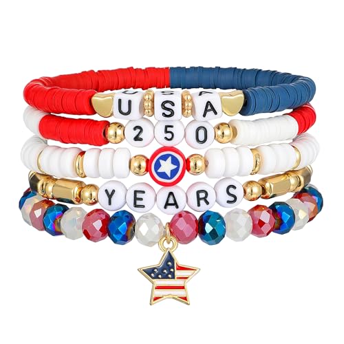 Aigrnc American 250th Anniversary Bracelet - 4th of July Independence Day Patriotic Jewelry for Women - USA Red White Blue Clay Beaded Stretch Bracelets - Commemorative Gift for 2026
