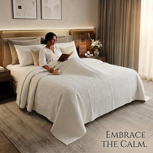 Image of 100% Cotton Muslin AC Blanket | 4 Layer Textured Breathable Summer Throw | Lightweight Blanket for AC Rooms | All Season Comfort Dohar | 150x220 cm | Off White