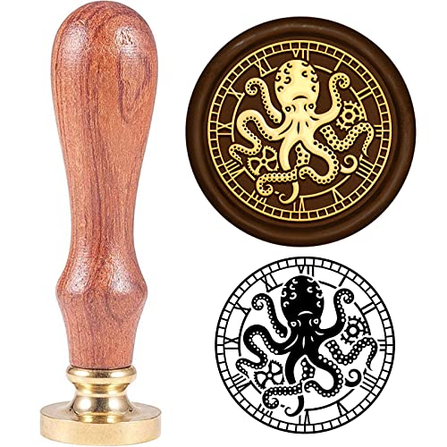 SUPERDANT Octopus Wax Seal Stamp 1.18in Roman Numeral Clock Vintage Letter Sealing Stamp Brass Head Wooden Handle Stamps for Invitations Envelopes Books Birthday Themed Parties Without Wax