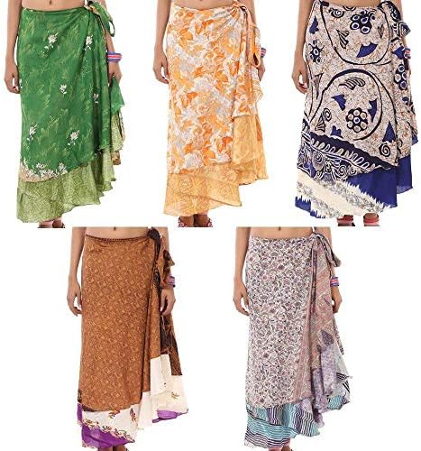 RSJEWELS Wrap Skirt Women Girls Wholesale Lot 5 Printed Reversible Art Silk Wrap Around Skirt